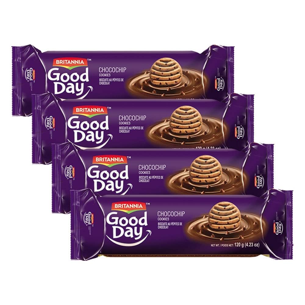 BRITANNIA Good Day Choco Chips Cookies 4.21oz (120g) - Breakfast & Tea Time Snacks - Delicious Grocery Cookies - Halal and Suitable for Vegetarians (Pack of 4)