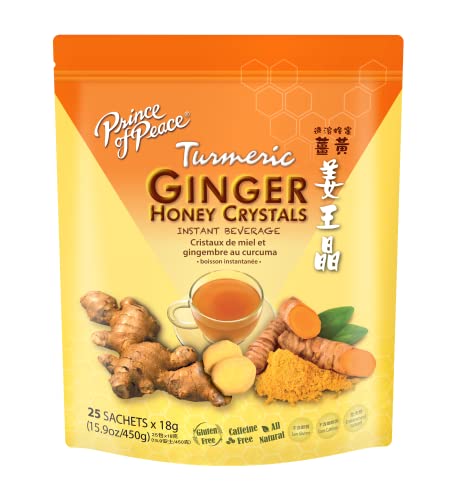 Prince Of Peace Instant Ginger Honey Crystals w/ Turmeric, 25 Sachets Instant Hot or Cold Beverage Easy to Brew Ginger and Honey Tea, Caffeine and Gluten Free