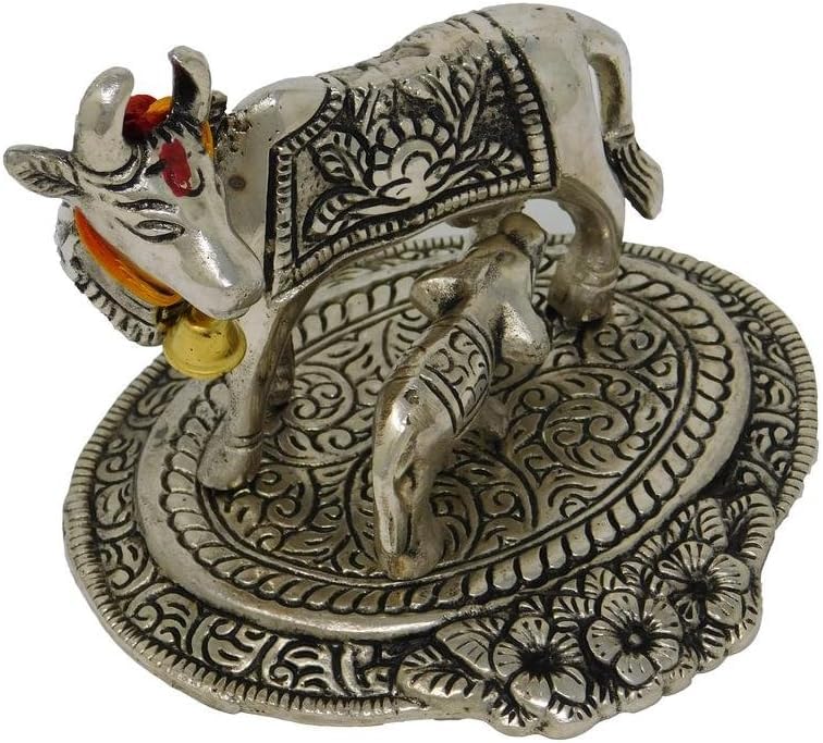 Silver Oxidized Antique Kamdhenu Cow and Calf Showpiece Small