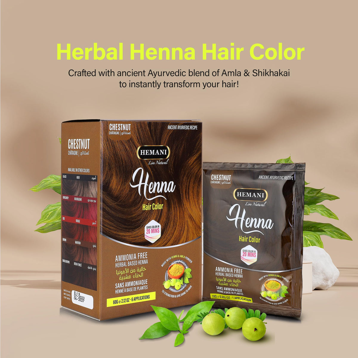 HEMANI Hair Henna Color 2.12 OZ (60g) 6 Applications, Colors in 20 Minutes - Ammonia Free - Herbal Based Henna (Chestnut)