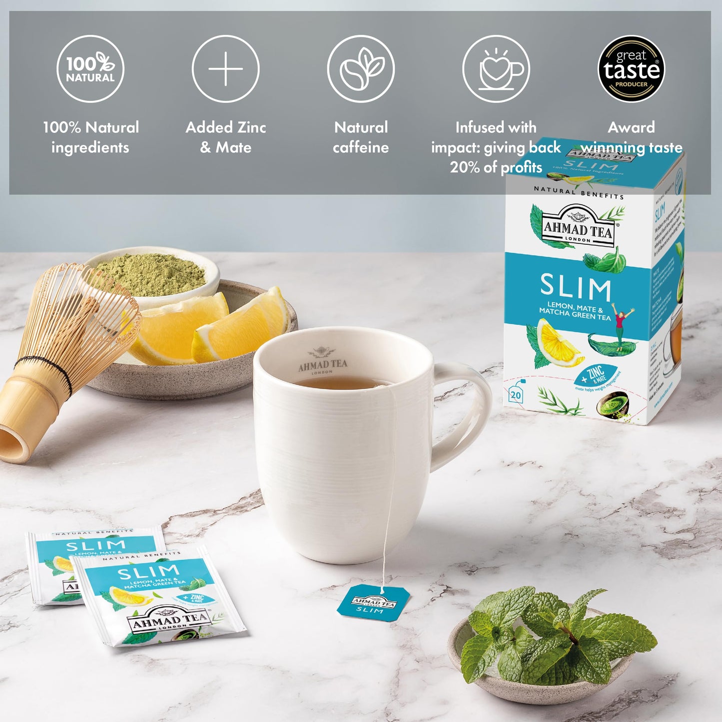 Ahmad Tea Green Tea, Lemon, Mate, & Matcha 'Slim' Natural Benefits Teabags, 20 ct (Pack of 6) - Caffeinated & Sugar-Free
