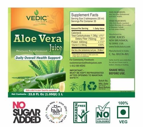 Vedic Aloe Vera Juice, Daily Overall Health Support 500ml - Ayurveda & Vitamins