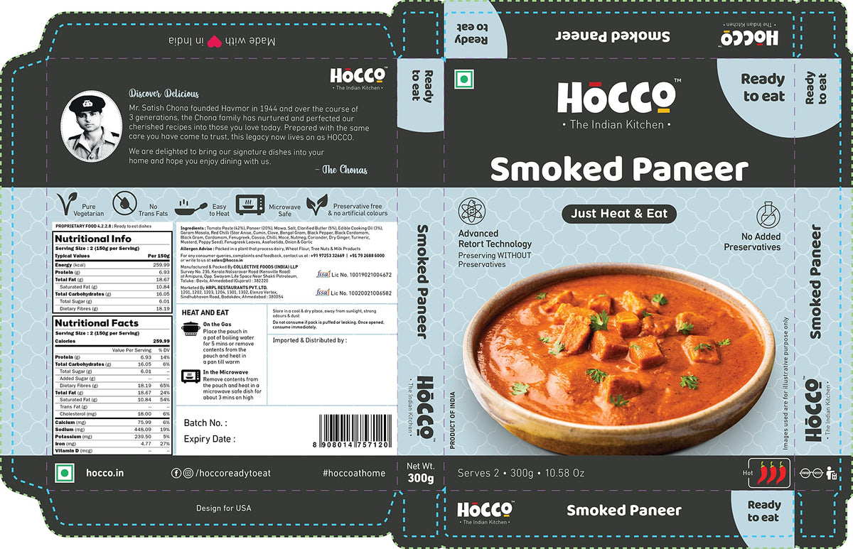 HOCCO Ready to Eat Paneer Sabji | Ready to Cook | Serves 2 People -300 gm (Smoked Paneer)