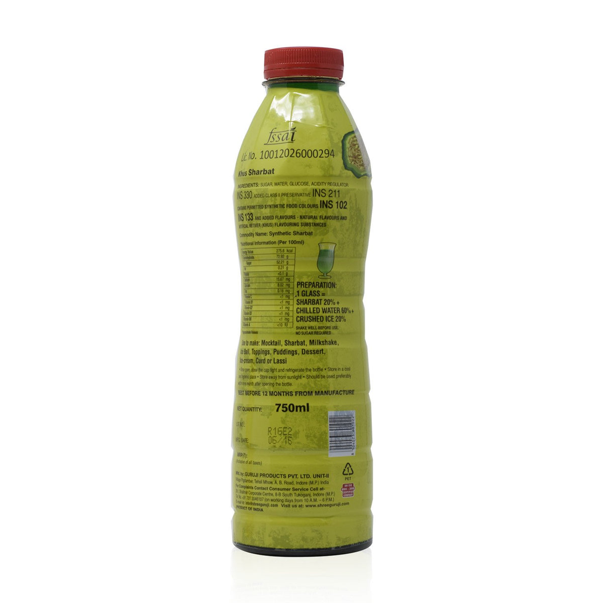 Guruji Sharbat - Khus, 750ml Bottle