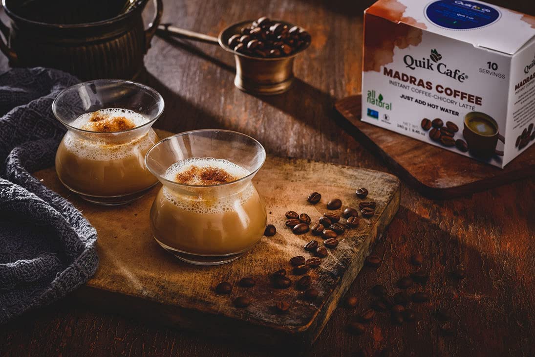 Quik Caf Madras Coffee - Single Box 10 Count - All Natural & Preservative Free Instant Coffee.