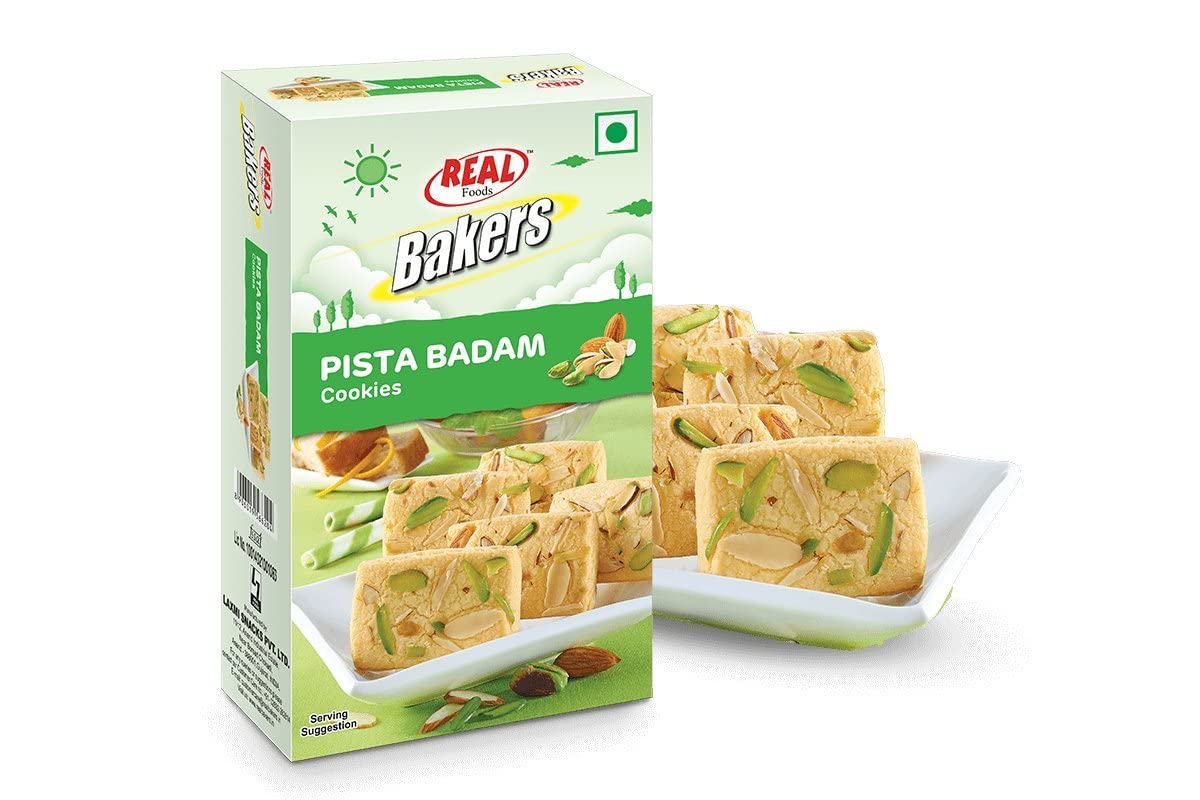 Real Foods, Bakers Pista Badam Cookies, 200 Grams(gm) - Snacks & Savory