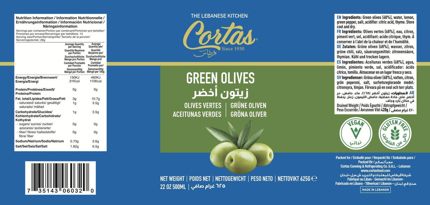 Cortas Green Olives With Thyme 22 Oz