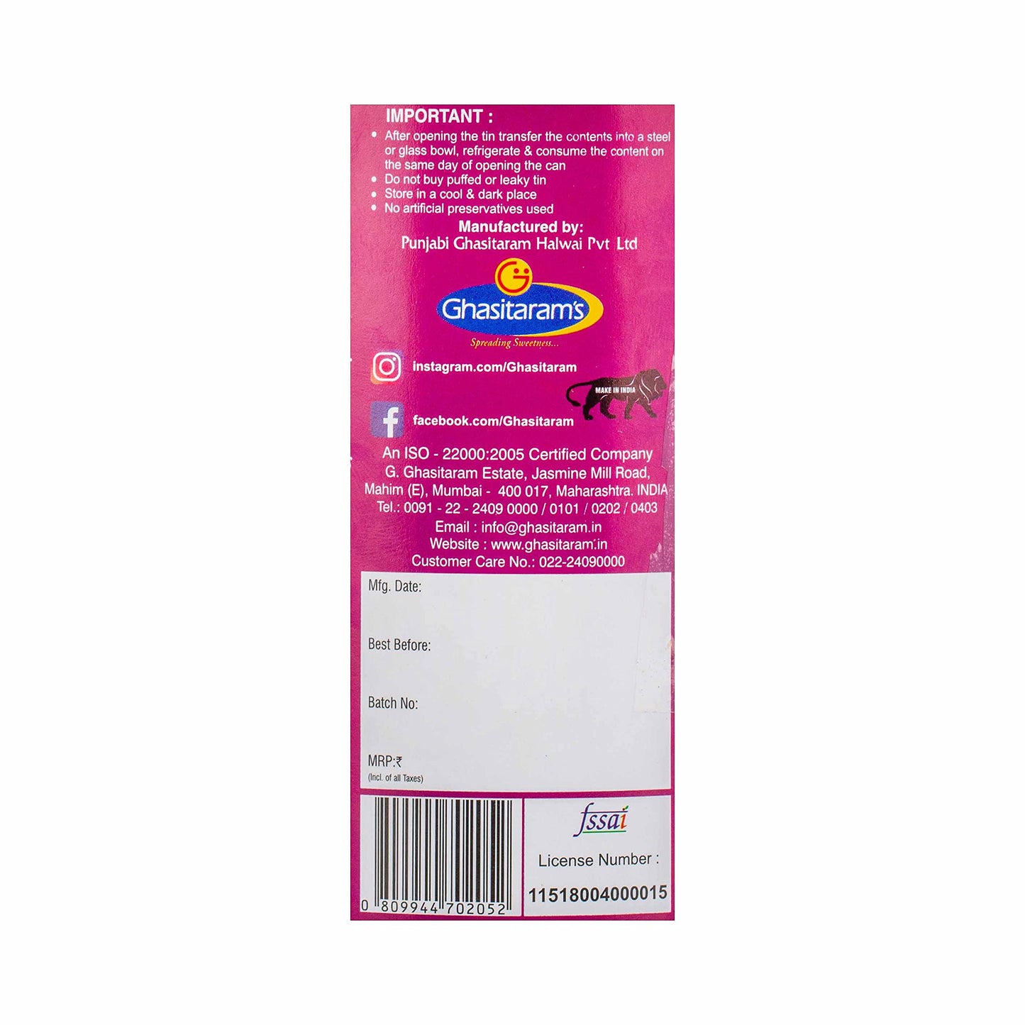 GHASITARAM'S Pure Chum Chum Tin, For Every Indian Traditional Festival, Famous Indian Sweets(1Kg)