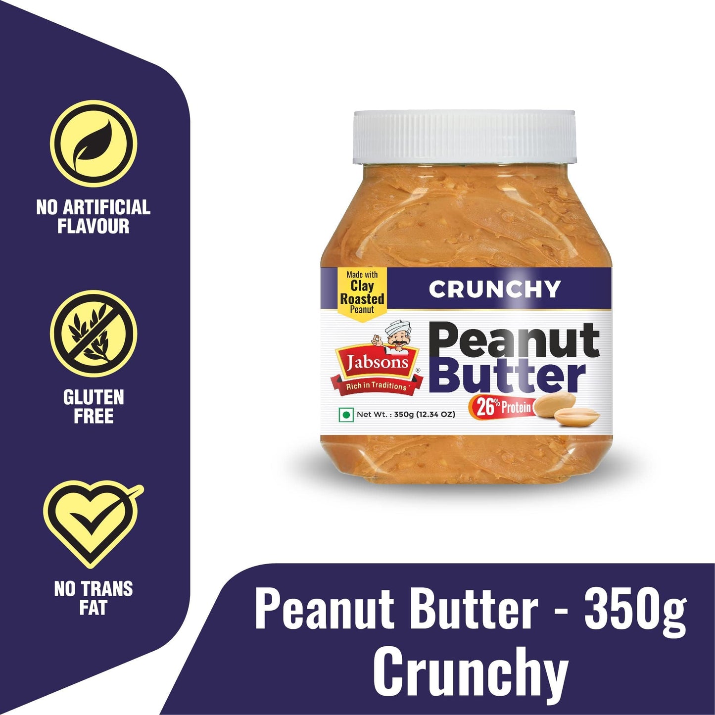 Jabsons - Crunchy Peanut Butter, 350g (12.34 oz) Gluten Free, 0 Trans Fat, Made with Clay Roasted Peanuts
