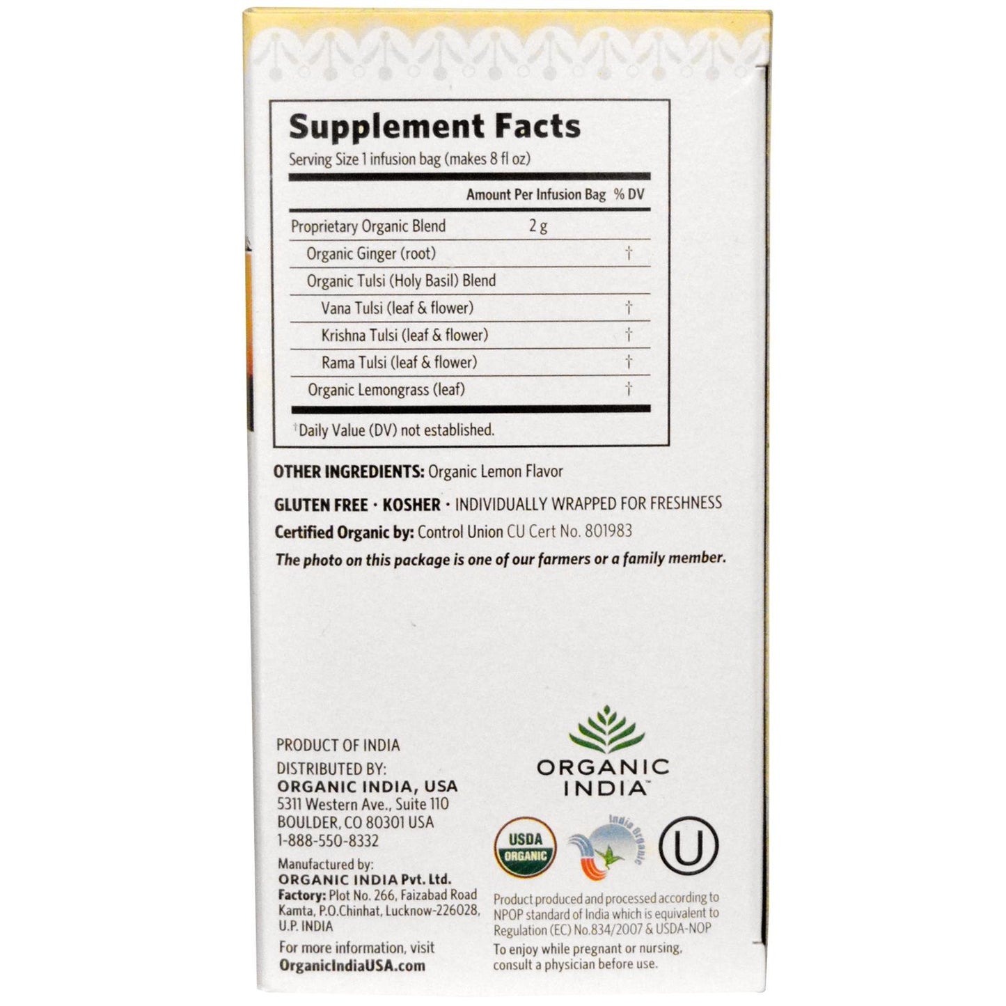 Tulsi Lemon Ginger -Organic India 18 infusion bags - Indian Tea & Coffee