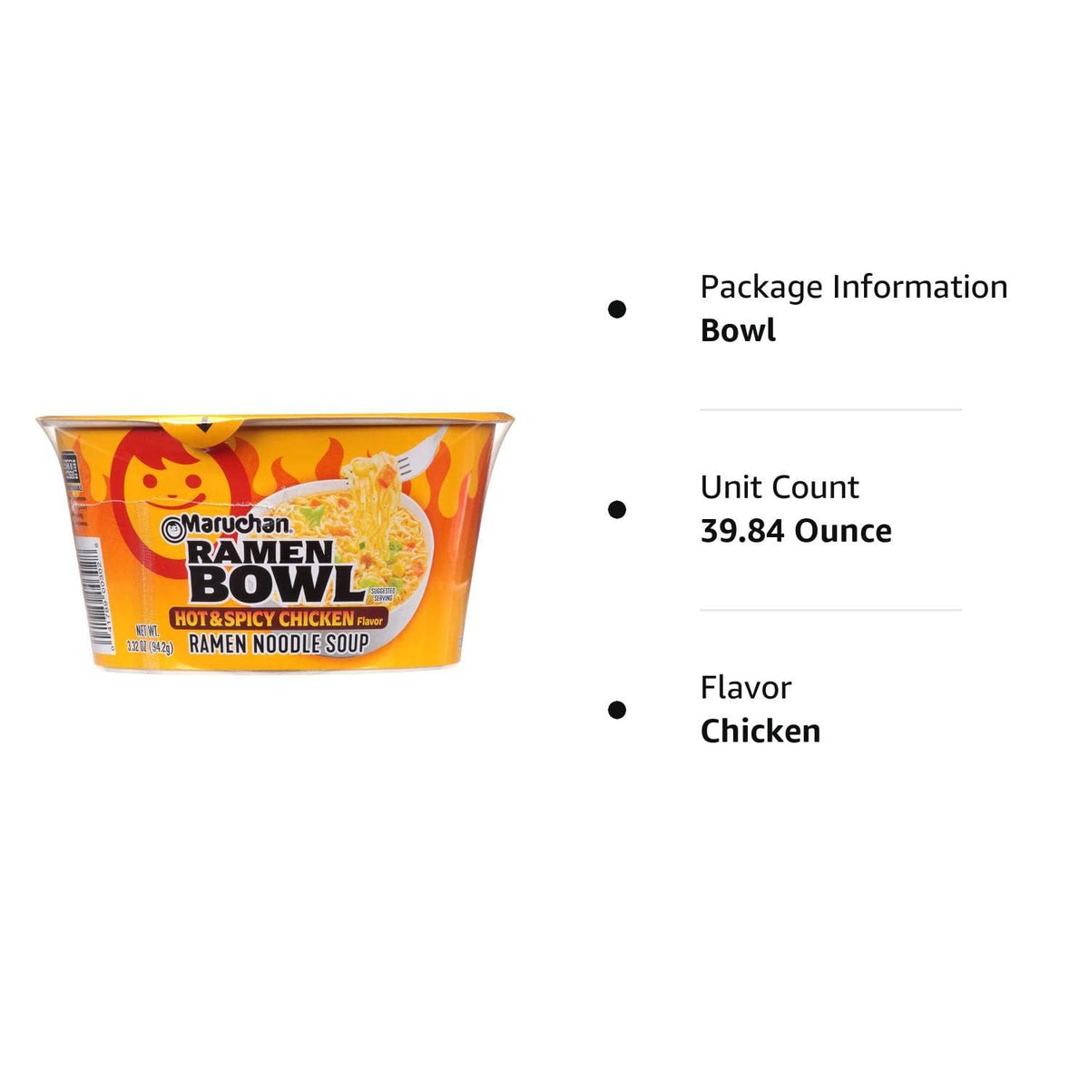 Maruchan Bowl Hot & Spicy Chicken Flavor Ramen Noodles with Vegetables 3.32 OZ (Pack of 12)