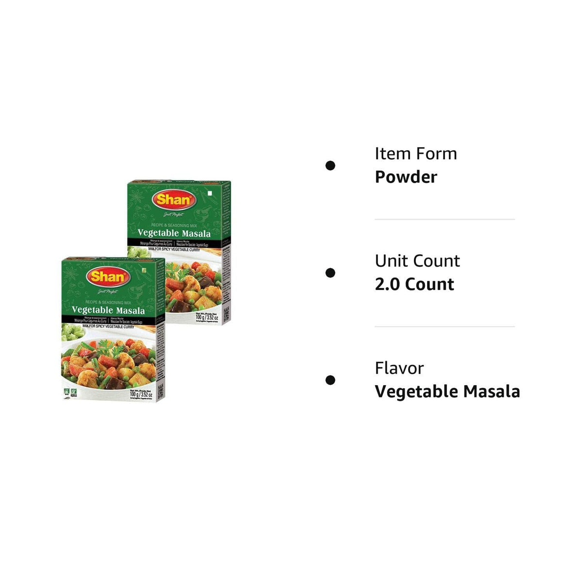 Shan Vegetable Masala Recipe and Seasoning Mix 3.52 oz (100g) - Spice Powder for Spicy Vegetable Curry - Suitable for Vegetarians - Airtight Bag in a Box (Pack of 2)