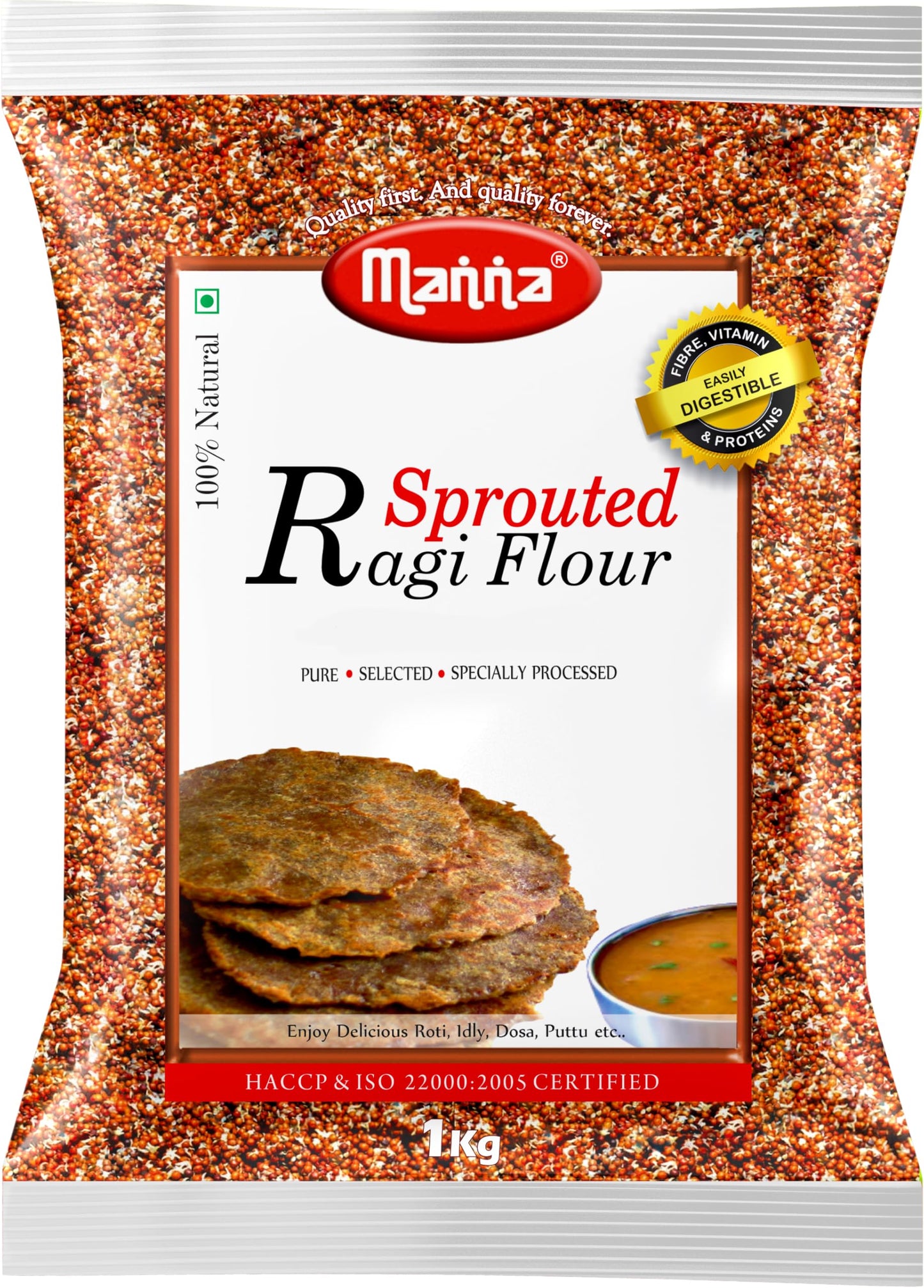 Manna Sprouted Ragi Flour/ Finger Millet Flour, 2kg (1kg Pack x2)