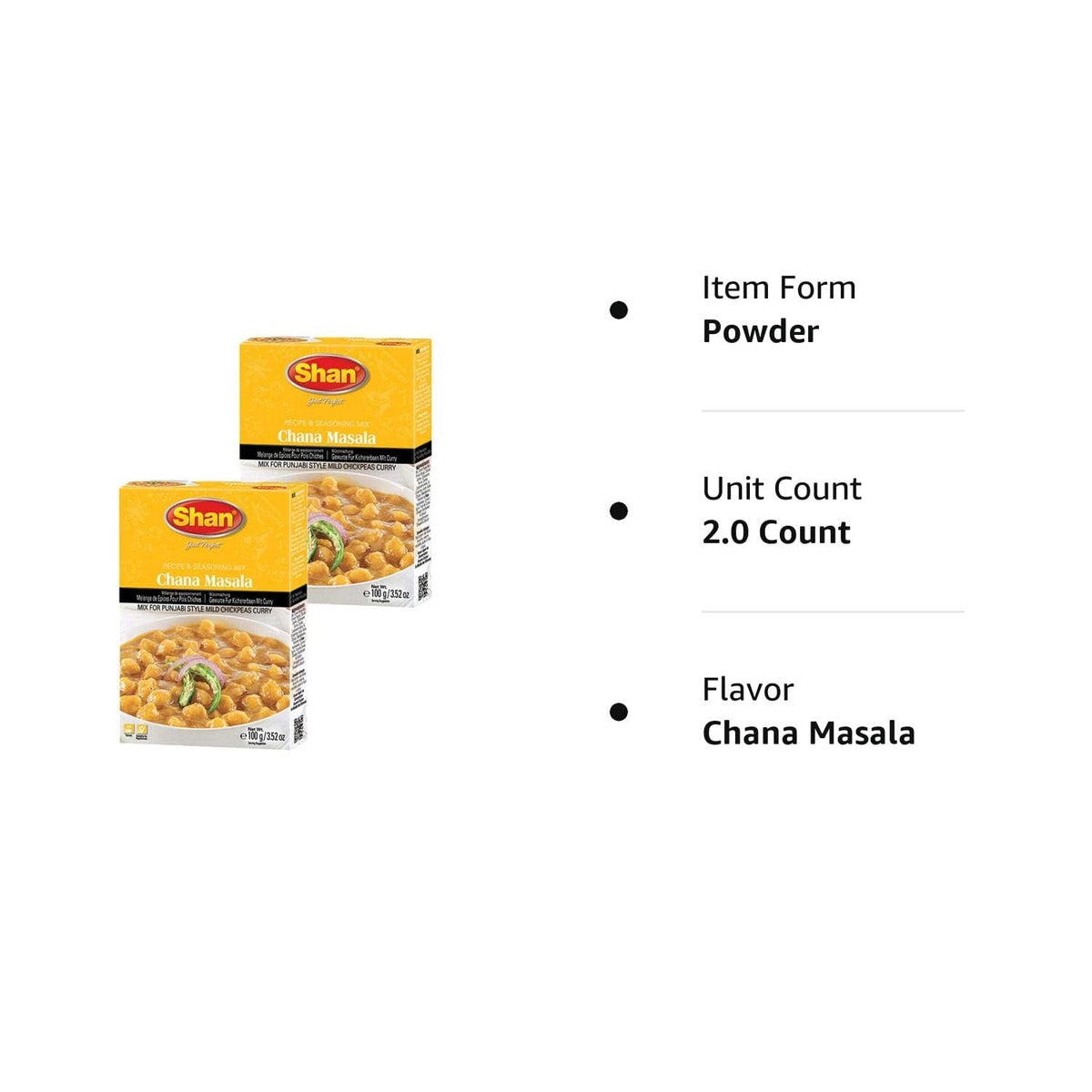 Shan Chana Masala Recipe and Seasoning Mix 3.52 oz (100g) - Spice Powder for Punjabi Style Mild Chickpeas Curry - Suitable for Vegetarians - Airtight Bag in a Box (Pack of 2)