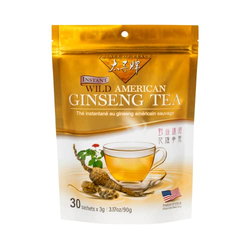 Prince of Peace Instant Wild American Ginseng Tea, 30 Sachets Healthy Drink, Caffeine-Free Energy-Boosting, Heavy Antioxidants, Made in The USA, Plant Extracts