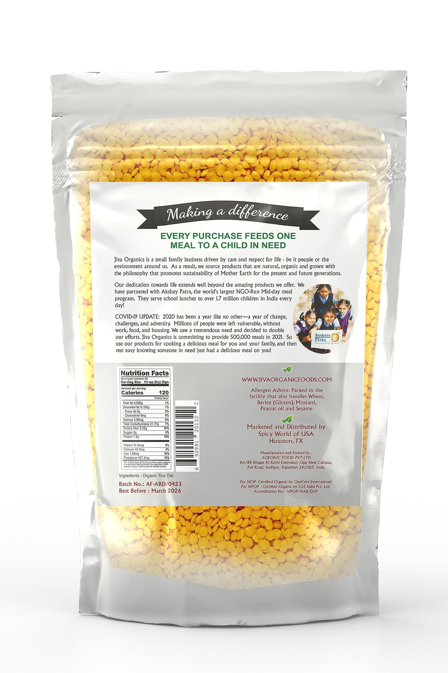 Jiva Organic Toor Dal Kori, Unoily, Madhi 2 Pound Bag - Indian Split Pigeon Peas - Non-GMO, Vegan