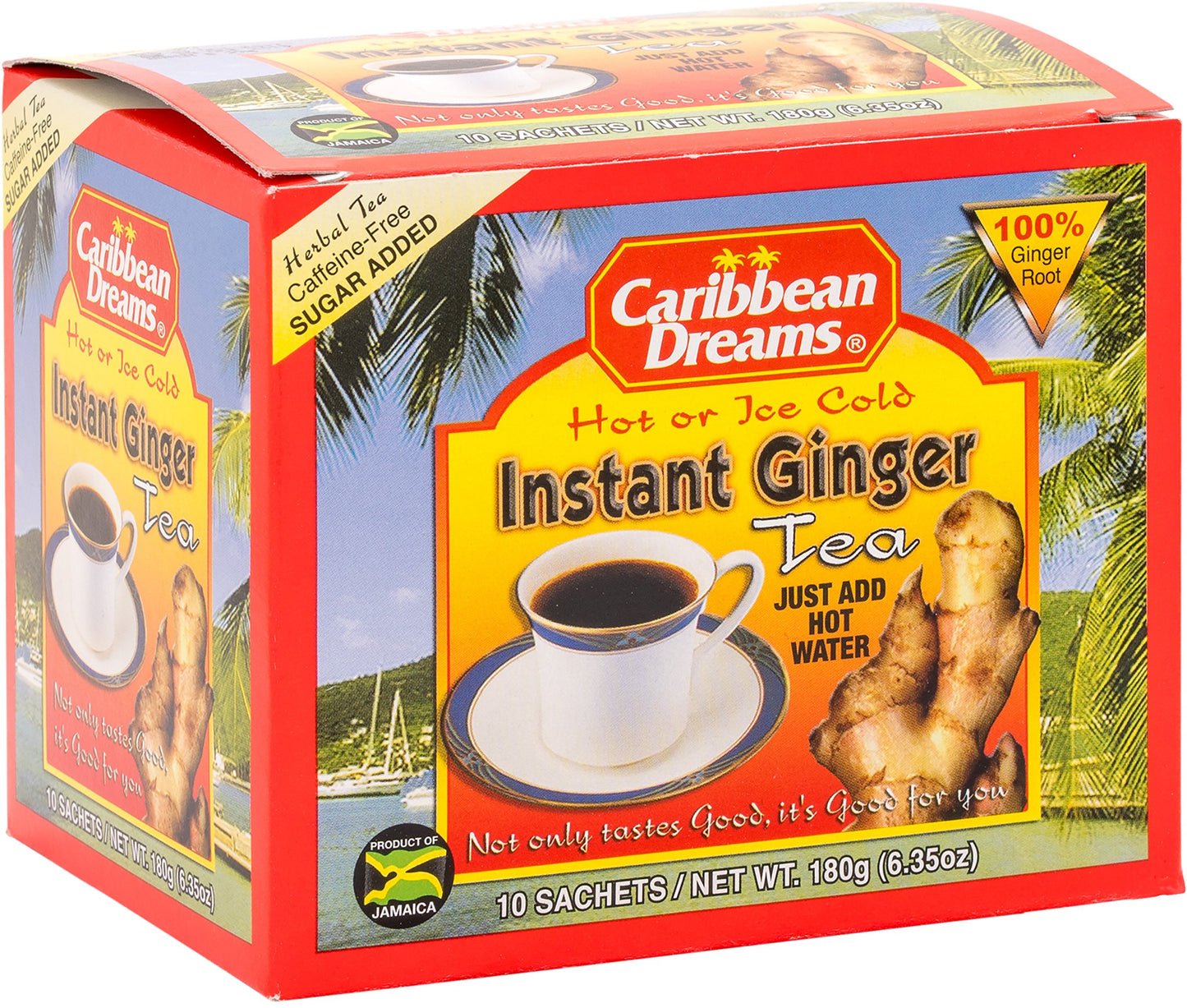 Caribbean Dreams Instant Ginger Tea, 100% Natural from Jamaica, Strong Taste and Aroma, 10 Sachets