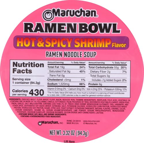 Maruchan Bowl Hot & Spicy with Shrimp Flavor Ramen Noodles with Vegetables 3.32 OZ (Pack of 12)