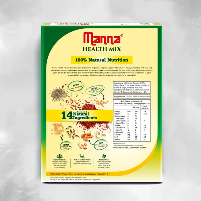 Manna Health Mix | 100% Natural Multigrain Nutrition Drink for Kids | Multi Millet Health Drink Mix Powder 1kg | 14 Natural Ingredients | Millets, Nuts, Cereals & Pulses | Sathu Maavu | Porridge Mix | Without Preservatives & Added Sugars 1Kg Pack 2.2 lb
