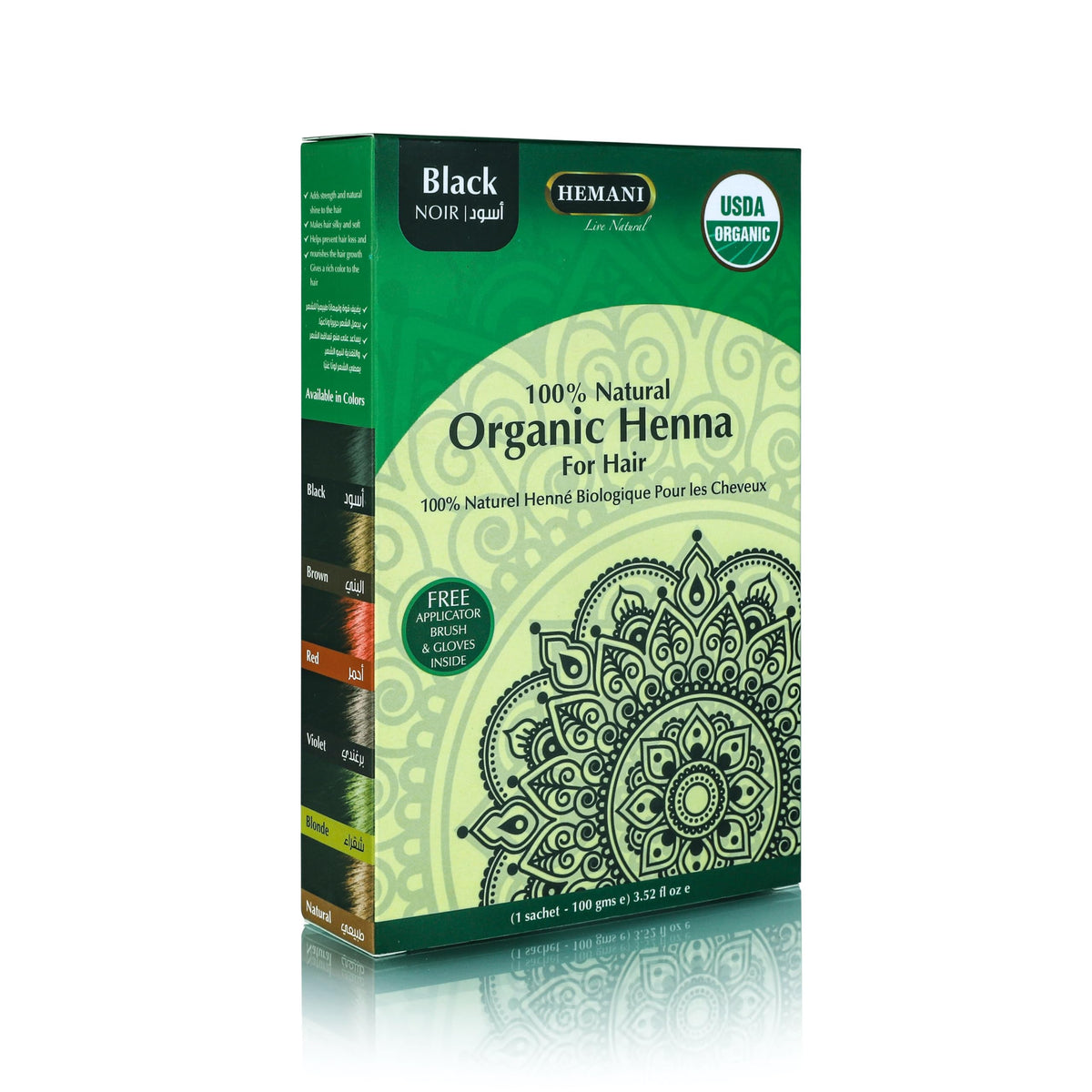 HEMANI Organic Hair Henna 3.5 OZ (100g) 100% Natural - Applicator Brush + Gloves Included (Black)