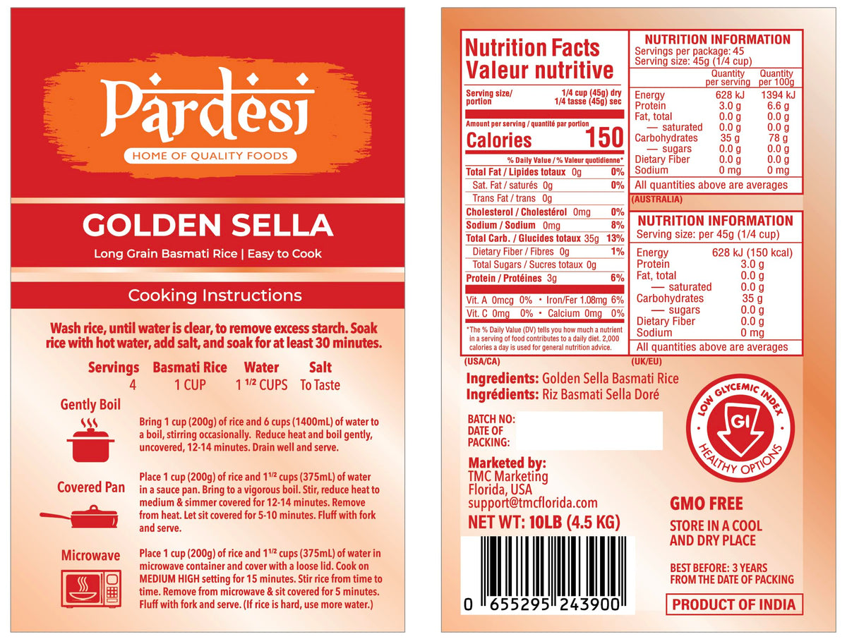 Basmati Golden Sella Parboiled Rice 10LB - Easy to Cook - Low Glycemic Index