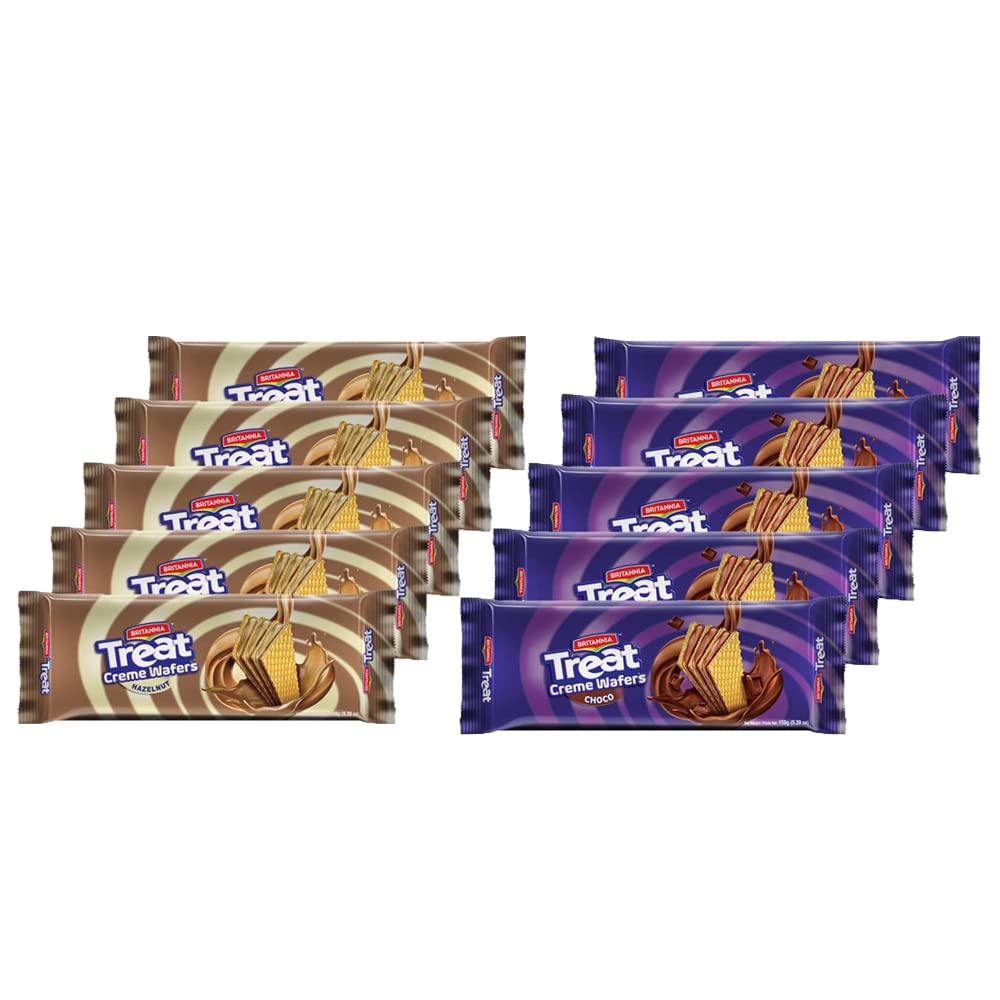 Britannia Treat Wafer Hazelnut & Choco Cream 5.29oz (150g) - Breakfast & Tea Time Snacks - Crunchy, Healthy and Delicious - Halal and Suitable for Vegetarians (Pack of 10) 2 Flavors Each