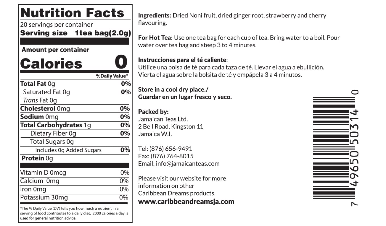 Caribbean Dreams Noni Ginger Tea, 20 Tea Bags,