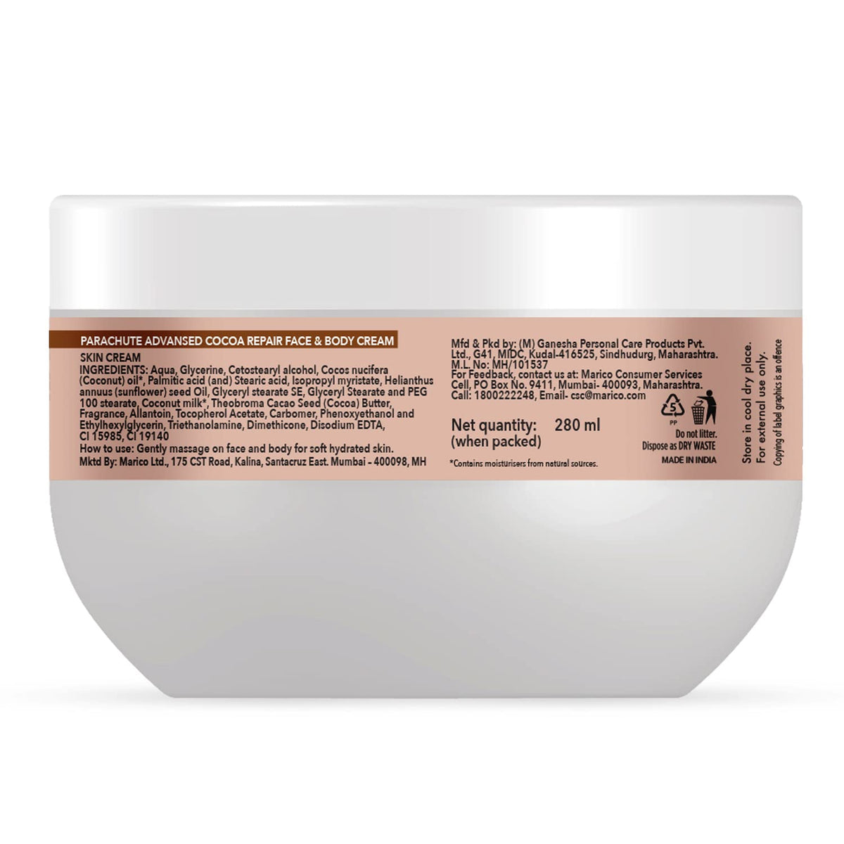 Parachute Advansed Cocoa Repair and Body Cream, Moisturiser for face and body, 100% Natural, 9.8 fl.oz