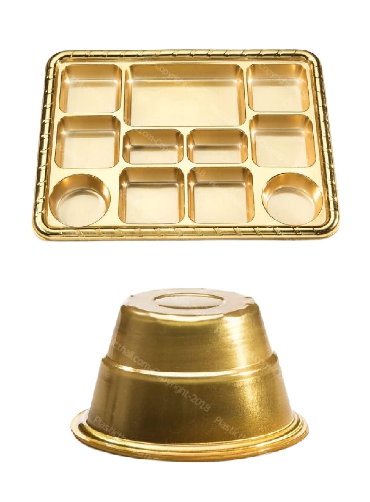 Mahavir 11 Compartment Disposable Gold Plates - Indian Thali Plastic Tray (Plates and Bowl, 100)