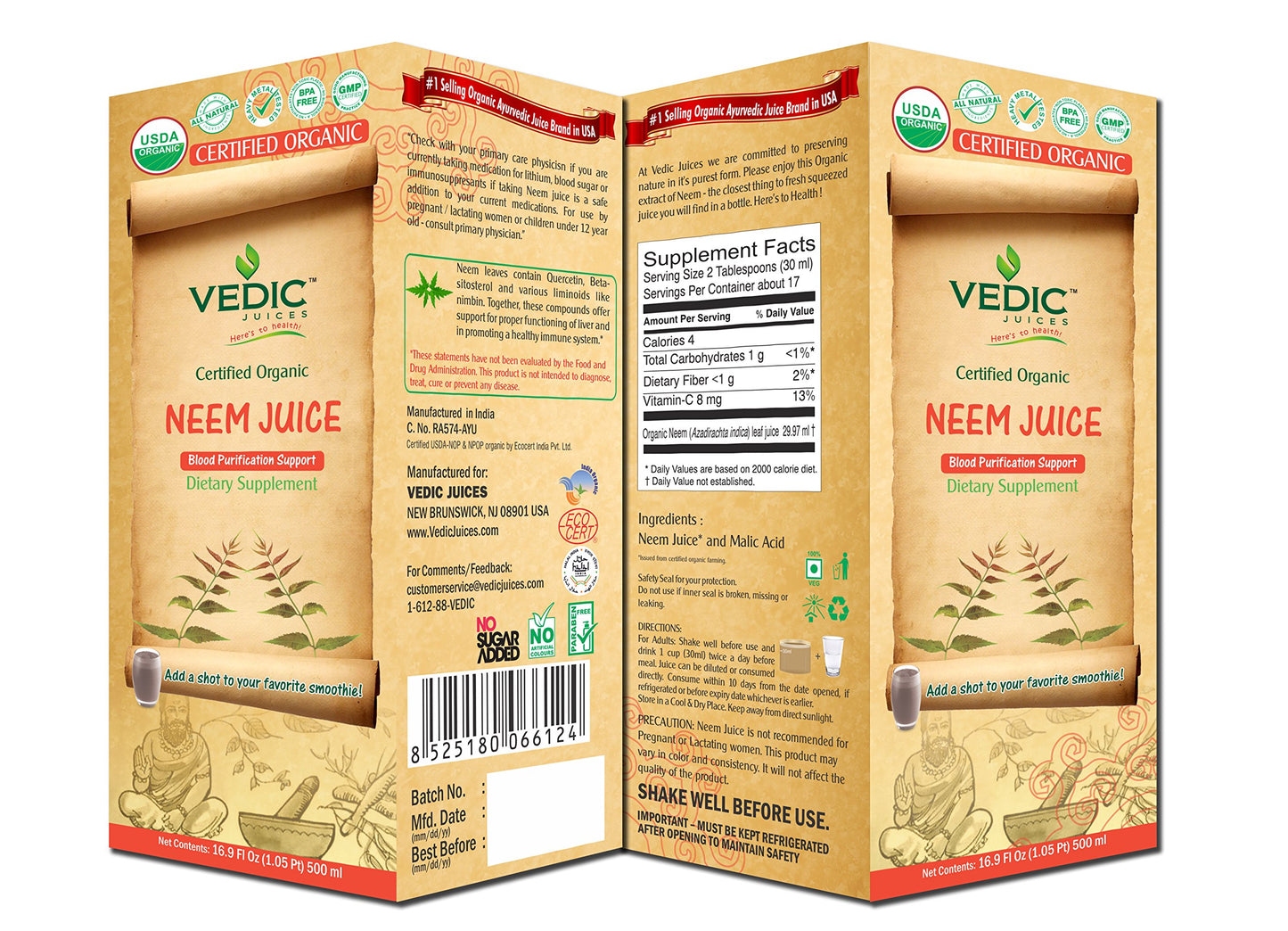 Neem Juice 500 Milliliter USDA Certified Organic Juice by Vedic Juices