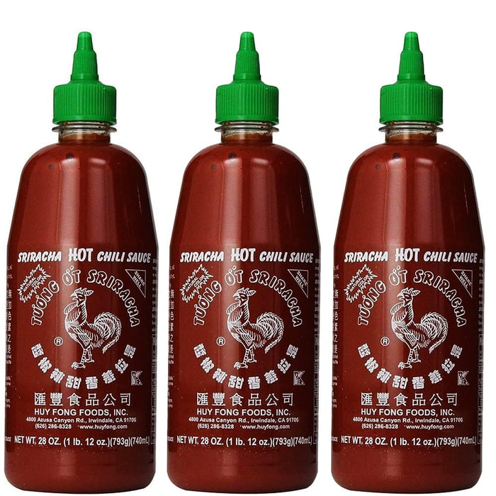 The Original Huy Fong Sriracha, 28 OZ Rooster Sriracha Chili Sauce, Spicy Flavor Hot Sauce W/Chili Pepper, Low Carb Classic Cook Sriracha Chili Paste for Hotdogs Eggs Burgers Soups Tacos, 3-Pack