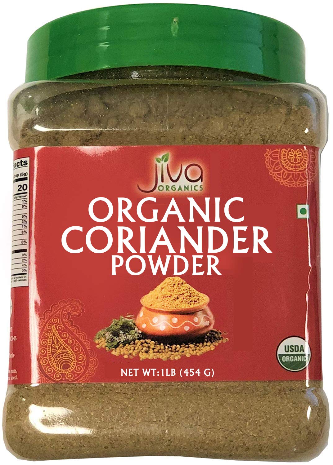 Jiva Organic Coriander Powder 1 Pound Large Jar (16oz) - Pure, Non-GMO, Lab Tested, 100% Raw Ground Coriander from India