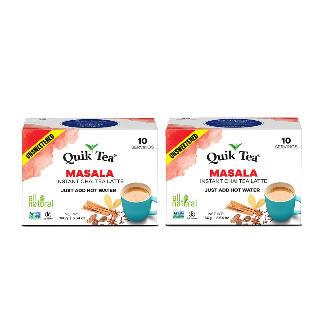 QuikTea Unsweetened Masala Chai Tea Latte - 20 Count (2 Boxes of 10 Each) - All Natural Preservative Free Authentic Chai from Assam & Darjeeling