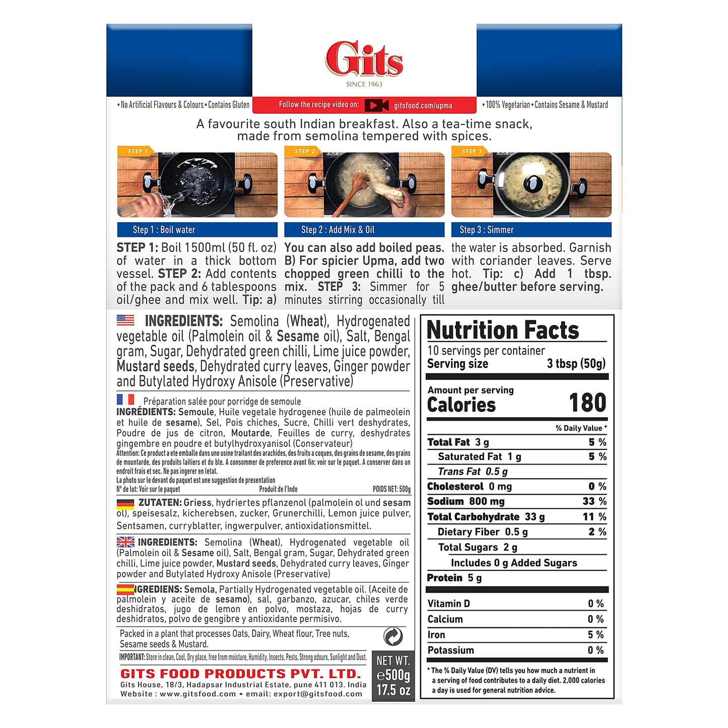 Gits Upma mix 87.5 Oz (Pack of 5X17.5 Oz each) Ready to Cook Indian Breakfast, Snack Meal | 100% Vegetarian, Easy Recipe, No Artificial Colors, Flavors, Preservatives. Vegan