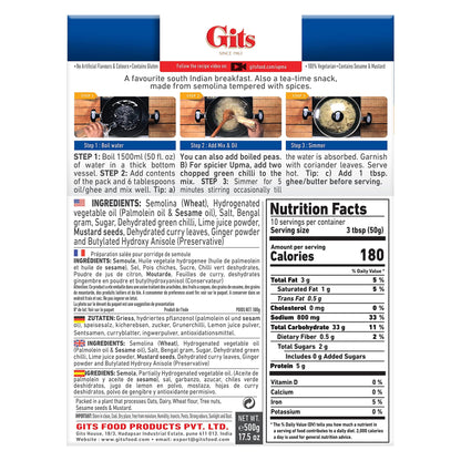 Gits Upma mix 87.5 Oz (Pack of 5X17.5 Oz each) Ready to Cook Indian Breakfast, Snack Meal | 100% Vegetarian, Easy Recipe, No Artificial Colors, Flavors, Preservatives. Vegan