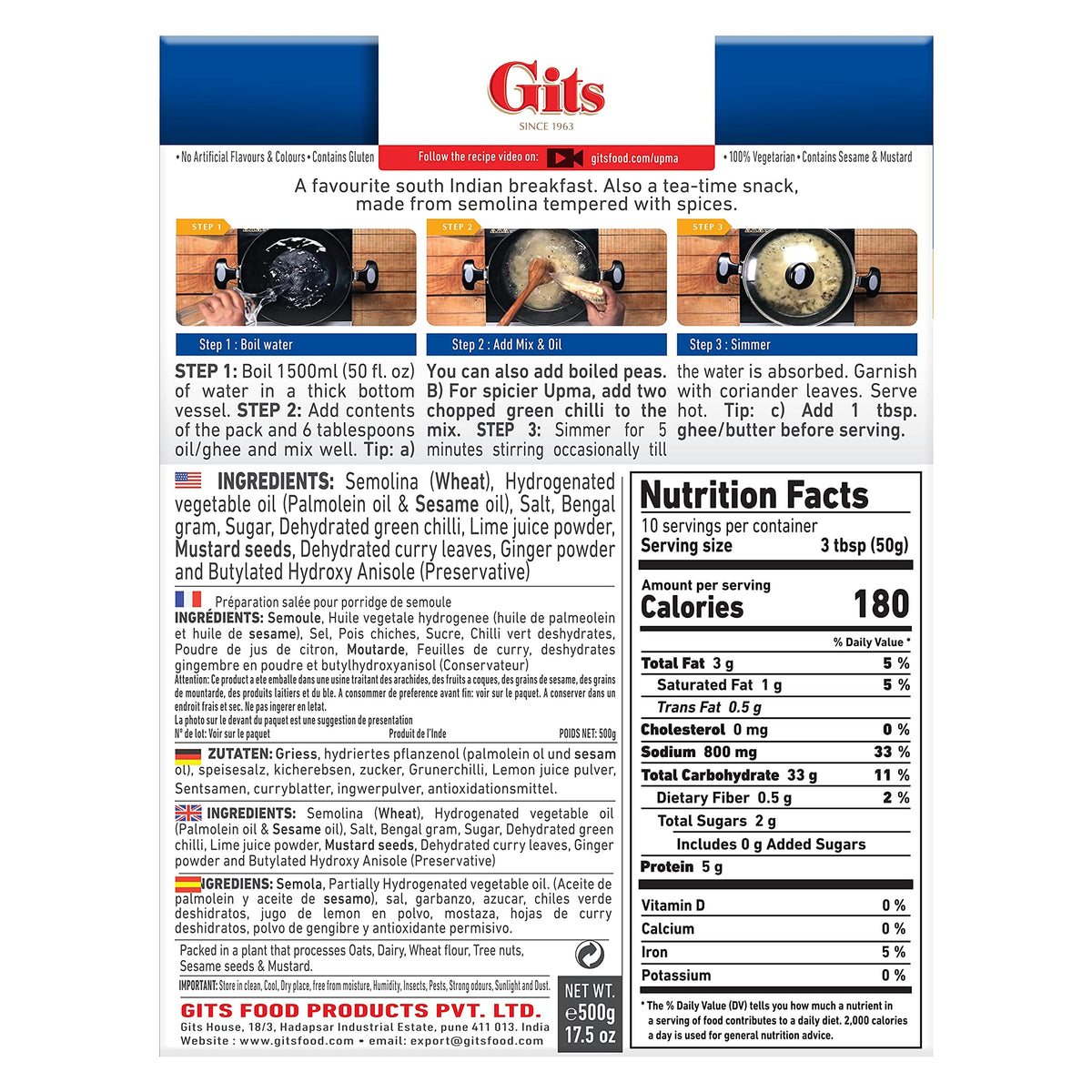 Gits Upma mix 87.5 Oz (Pack of 5X17.5 Oz each) Ready to Cook Indian Breakfast, Snack Meal | 100% Vegetarian, Easy Recipe, No Artificial Colors, Flavors, Preservatives. Vegan
