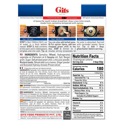 Gits Upma mix 87.5 Oz (Pack of 5X17.5 Oz each) Ready to Cook Indian Breakfast, Snack Meal | 100% Vegetarian, Easy Recipe, No Artificial Colors, Flavors, Preservatives. Vegan