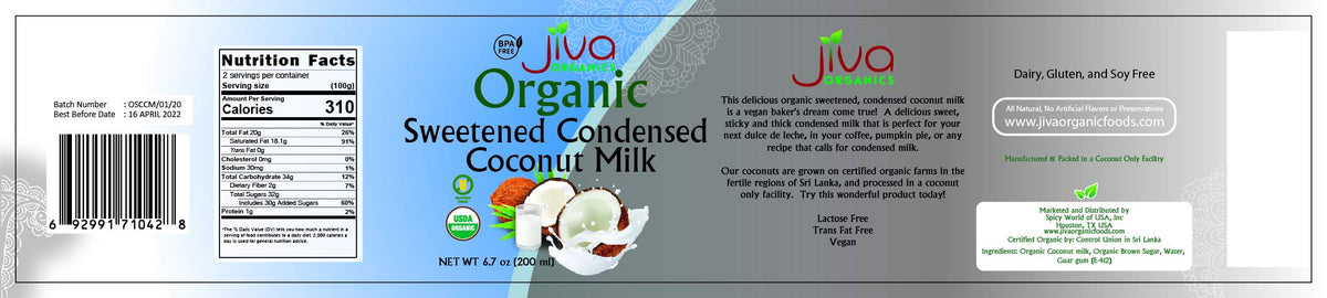Jiva Organic Sweetened Condensed Coconut Milk 6.7 Ounce (Pack of 12) - Vegan, Lactose Free, Trans Fat Free. BPA Free