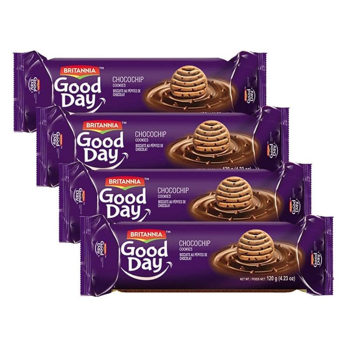 BRITANNIA Good Day Choco Chips Cookies 4.21oz (120g) - Breakfast & Tea Time Snacks - Delicious Grocery Cookies - Halal and Suitable for Vegetarians (Pack of 4)