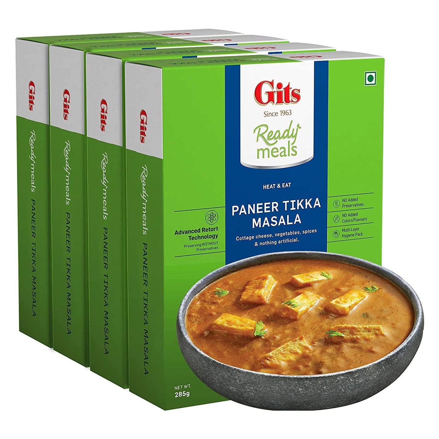 Gits Ready to Eat Paneer Tikka Masala, 1140g (Pack of 4 X 285g Each) Cottage cheese tikka masala