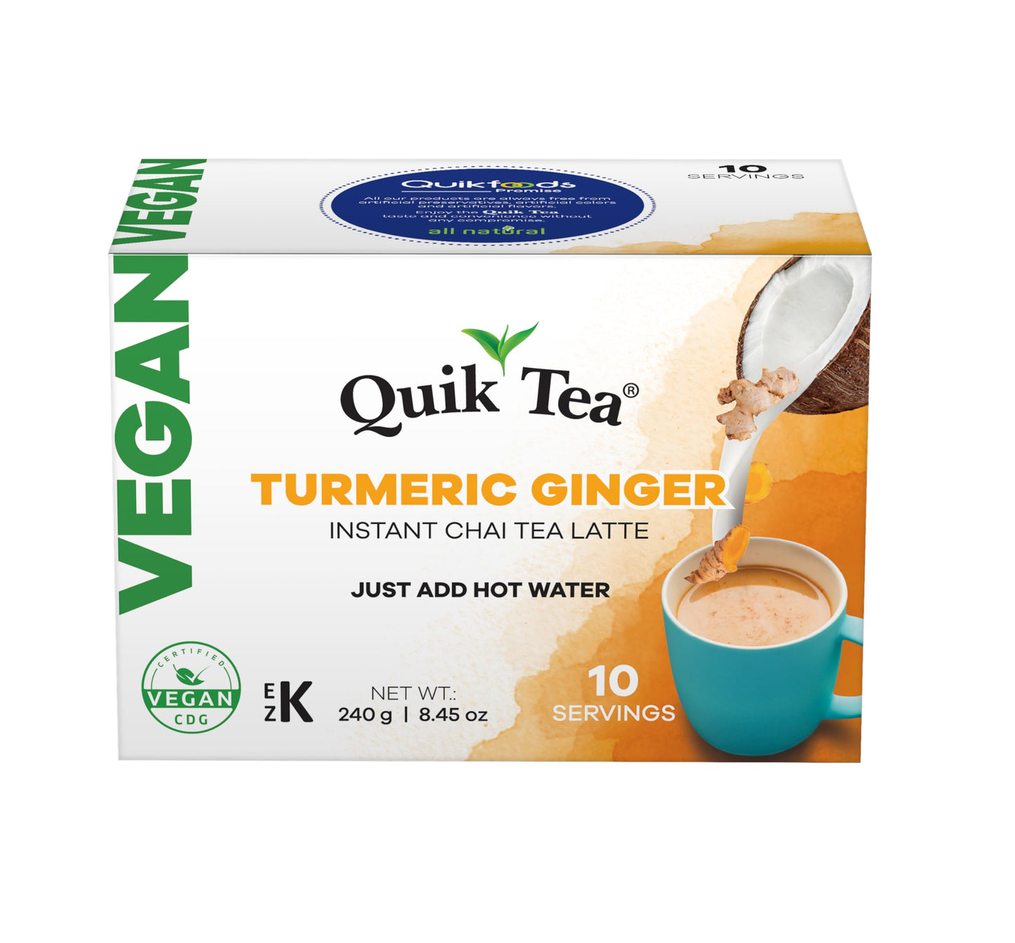 Quik Tea Vegan Turmeric Ginger Instant Chai Tea Latte - 10 Count Single Box - Convenient, Easy Ayurvedic Dairy Free Alternative