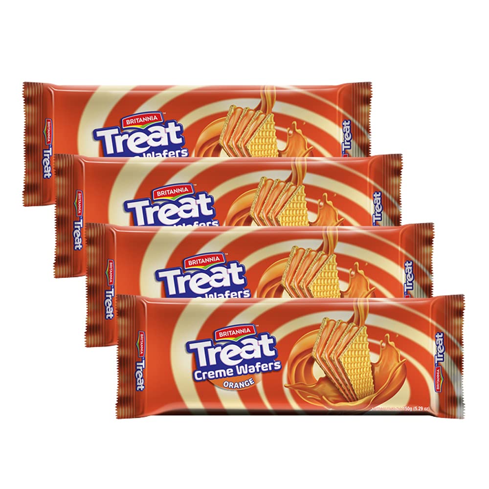 BRITANNIA Treat Wafer Orange 5.29oz (150g) - Breakfast & Tea Time Snacks - Crunchy, Healthy and Delicious (Pack of 4)