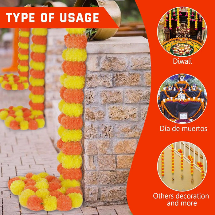 5Pcs Marigold Garland for Decoration, 5 Feet Artificial Marigold Flowers Diwali Decorations for Home, Orange and Yellow Artificial Marigold Heads for Diwali Party,Indian Weddings, Halloween,Wreath