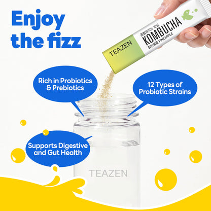 Teazen Kombucha Tea, Zero Sugar, Sparkling Fermented Powdered Mix Beverage from Korea, Live Probiotics & Prebiotics, 10 Sticks, 1.76oz (Pineapple)