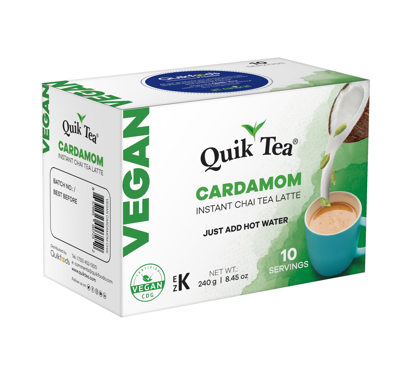QuikTea Vegan Cardamom Instant Chai Tea Latte - 10 Count Single Box - Easy Ayurvedic Dairy Free Alternative