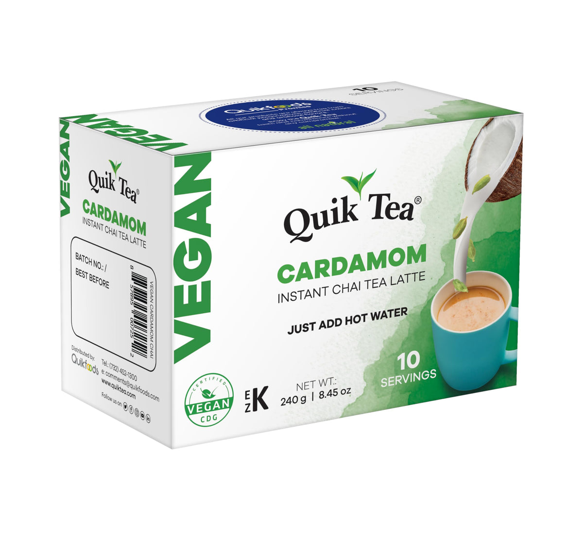 QuikTea Vegan Cardamom Instant Chai Tea Latte - 10 Count Single Box - Easy Ayurvedic Dairy Free Alternative