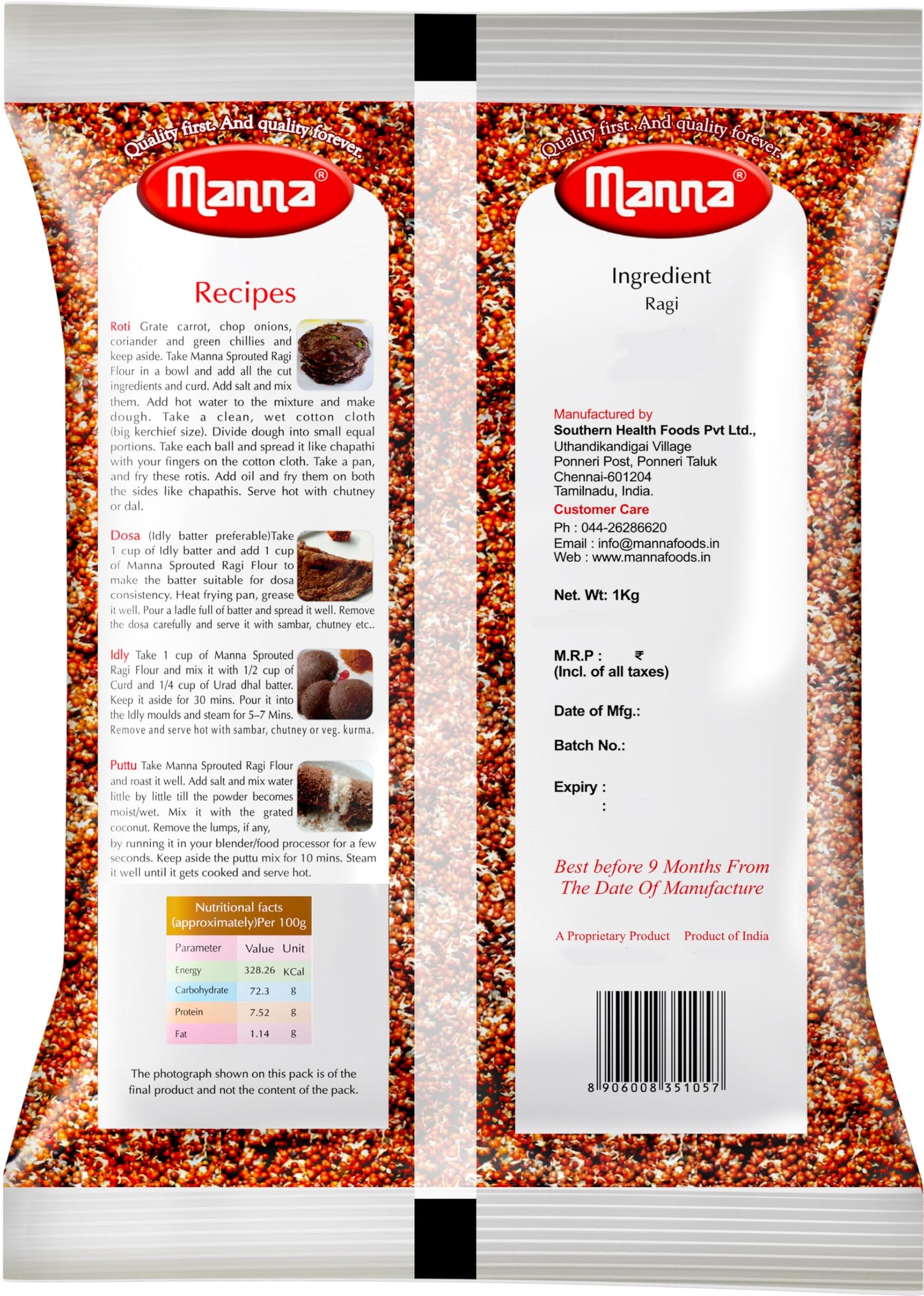 Manna Sprouted Ragi Flour/ Finger Millet Flour, 2kg (1kg Pack x2)