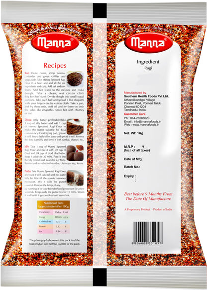 Manna Sprouted Ragi Flour/ Finger Millet Flour, 2kg (1kg Pack x2)