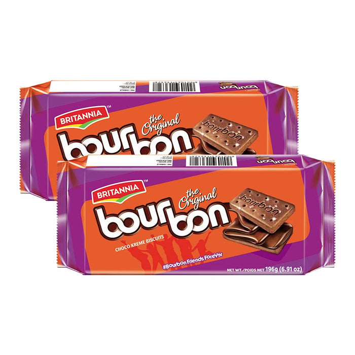 BRITANNIA Bourbon the Original - Choco Creme Biscuits 6.91oz (196g) - Smooth Chocolate Cream Biscuits for Breakfast & Snacks - Topped with Sugar Crystals (Pack of 2)