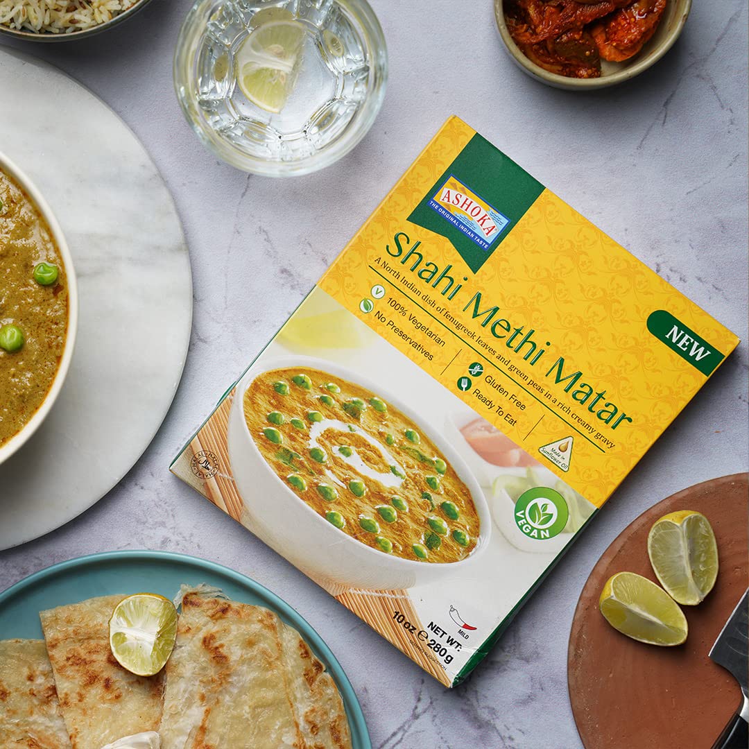 Ashoka Ready to Heat Vegan Curries 1932, Fenugreek Leaves & Green Peas, All-Natural, Heat & Eat Curry, Shahi Methi Matar, Camping Friendly Indian Food, Gluten-Free & with No Preservatives, Pack of 1